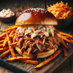 Burger cu pulled pork si salata coleslaw cu cartofi dulci