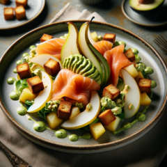 Salata cu somon fume, pere, dressing de avocado si crutoane ( Activ )