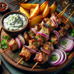 Souvlaki de porc cu mix salata, sos tzatziki si wedges de cartofi